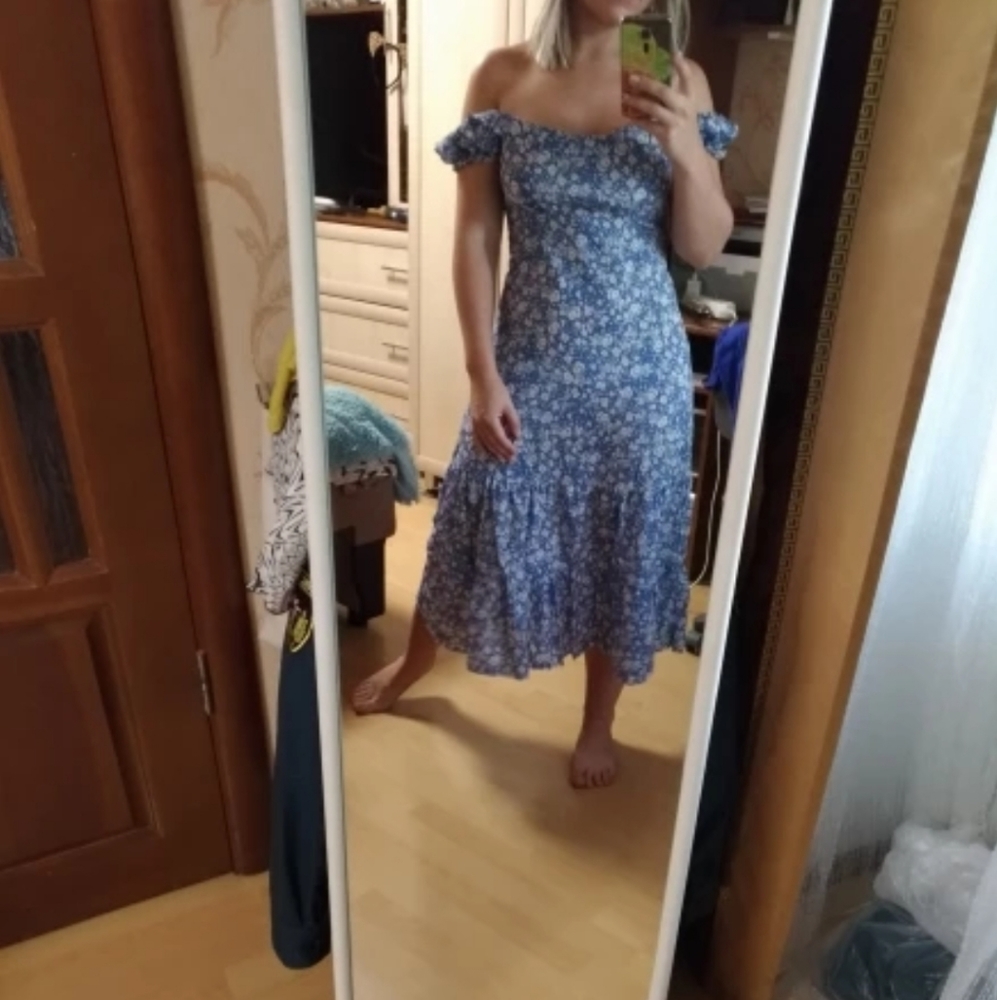 SALE⚡️Blue White Floral Off-Shoulder Midi Dress - Picture 7 of 8
